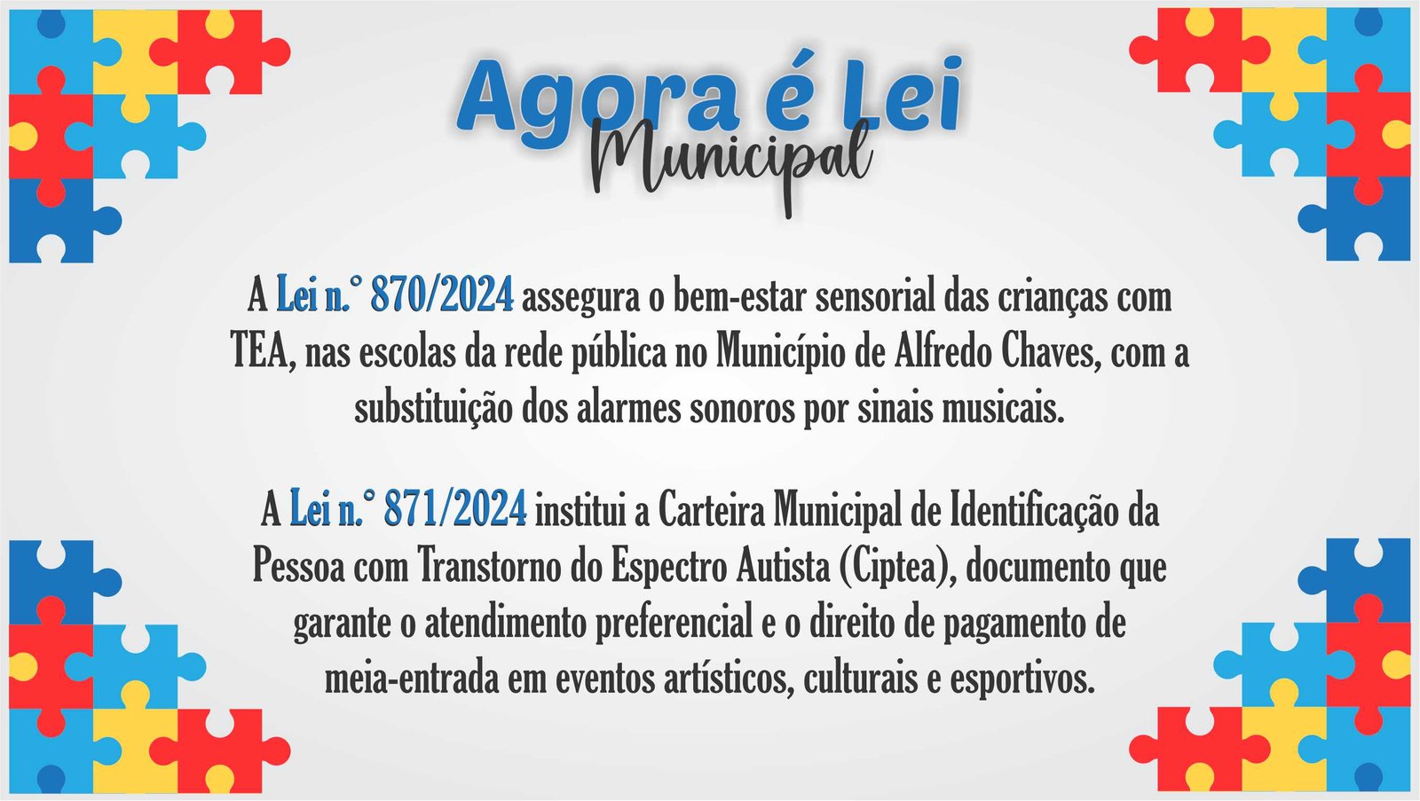 Leis em favor das pessoas com autismo são sancionadas no Município de Alfredo Chaves